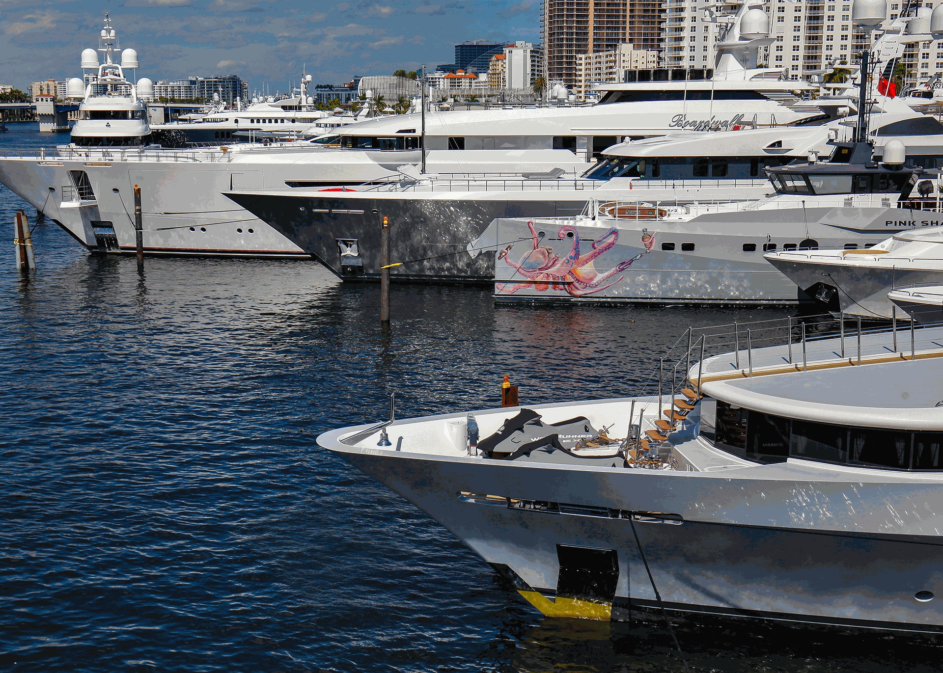 Superyachts docked along the waterfront during the Fort Lauderdale boat show