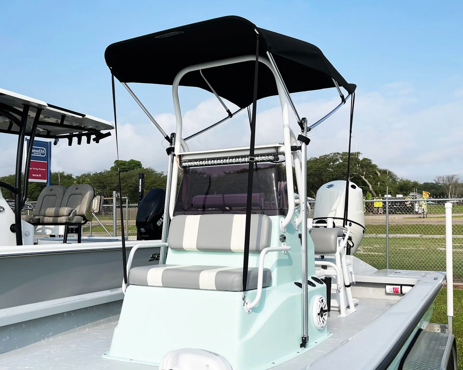 Canvas USA®—the best Performance Shade for versatile boat protection Canvas USA® Performance Shade angle view—manufactured for the best versatility and adaptability to your boating needs