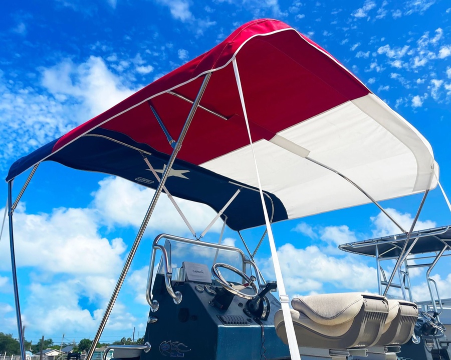 Bimini T with a Texas flag canopy, seen from below