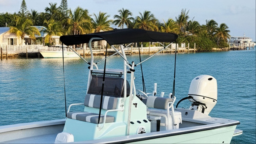 Bimini T shading a center console at the dock