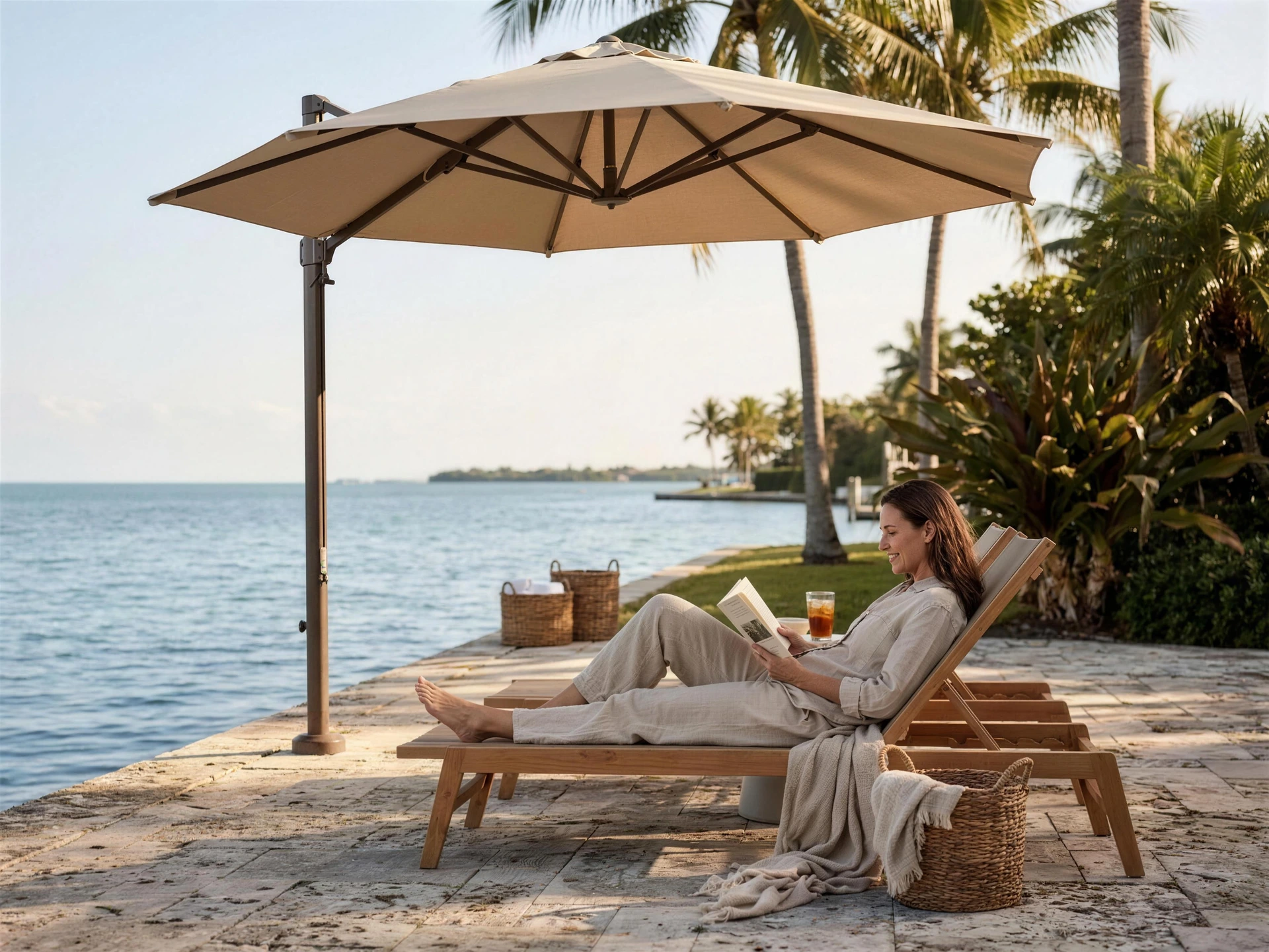 A woman reading in the shade of a sand colored cantilever umbrella
