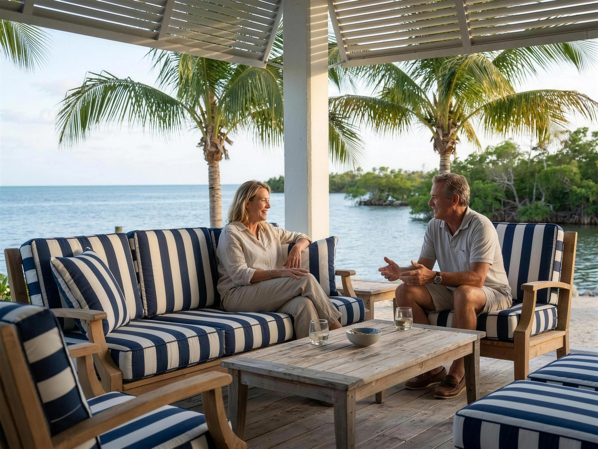 A couple relaxing on navy striped outdoor cushions