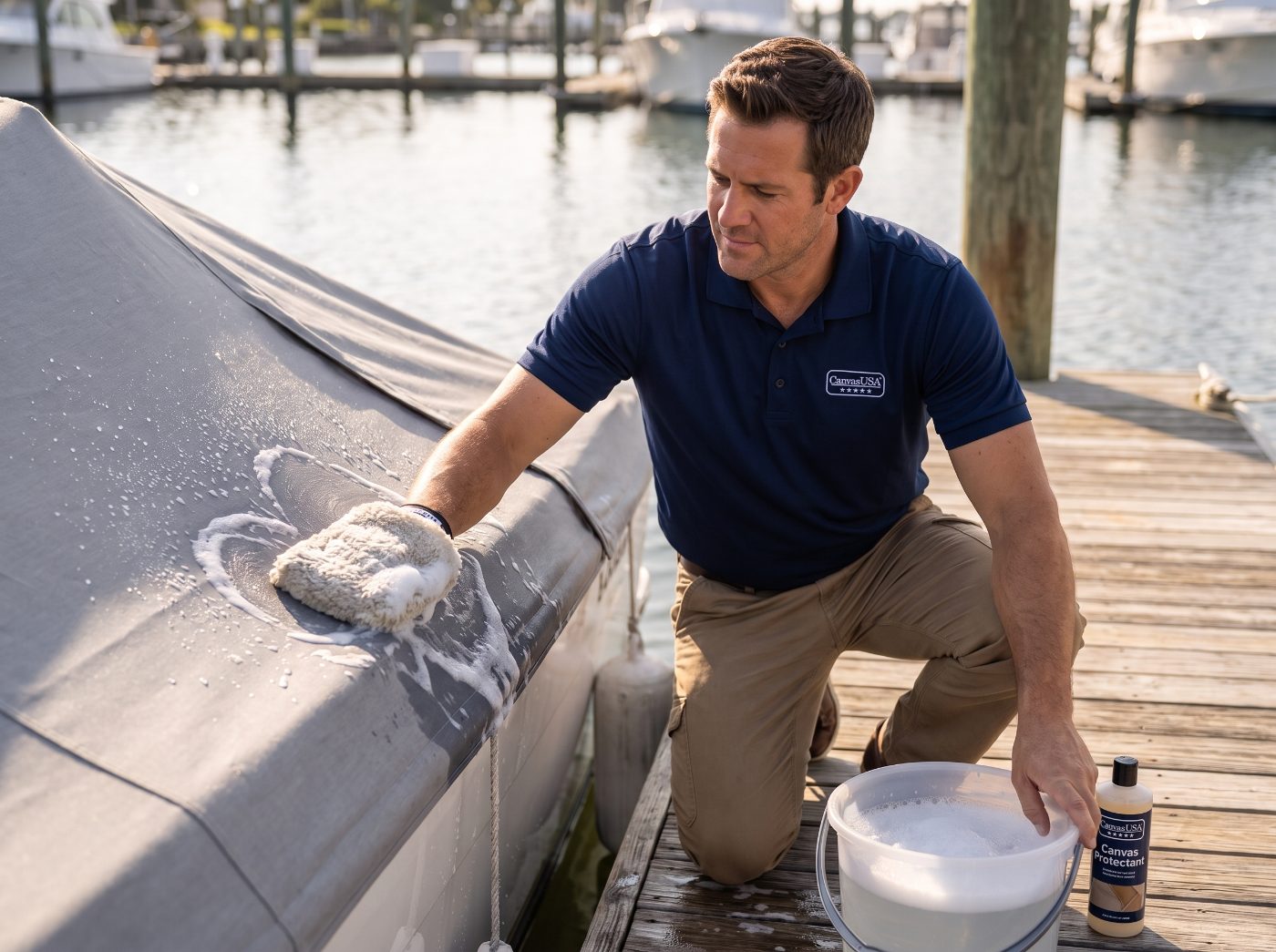 A Canvas USA technician washing a canvas cover at the dock