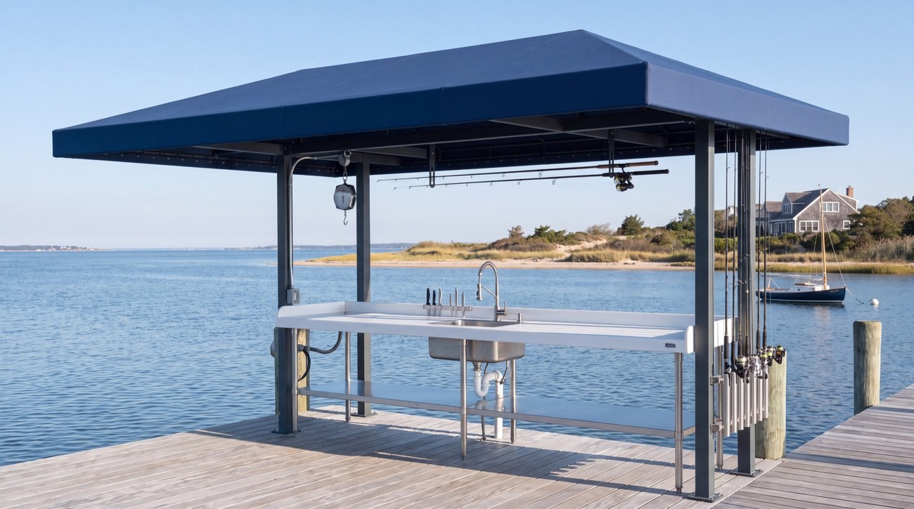 A dock station cabana with stainless steel sinks and rod holders