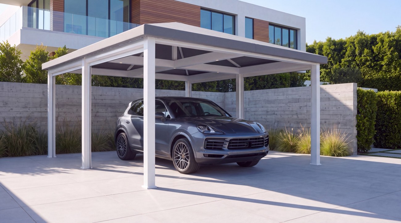 A cabana used as a covered parking place beside a home