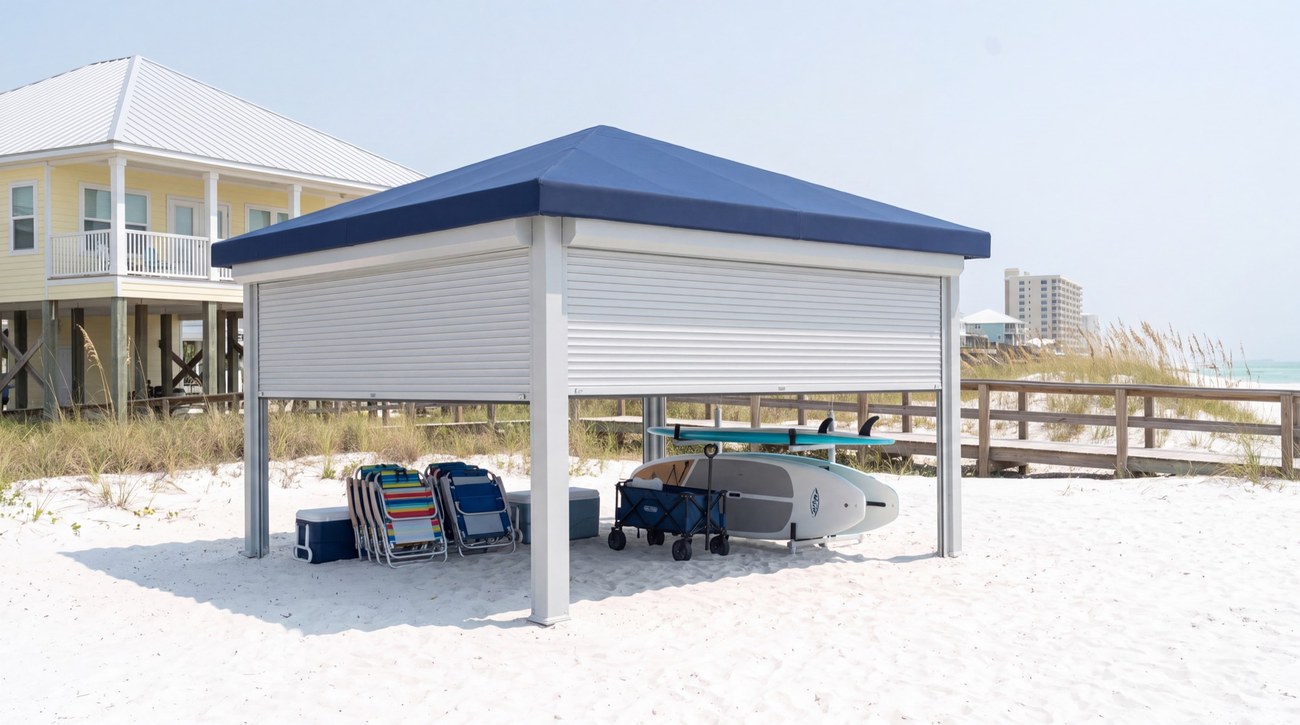 A beach cabana with roll shutters storing chairs and paddleboards