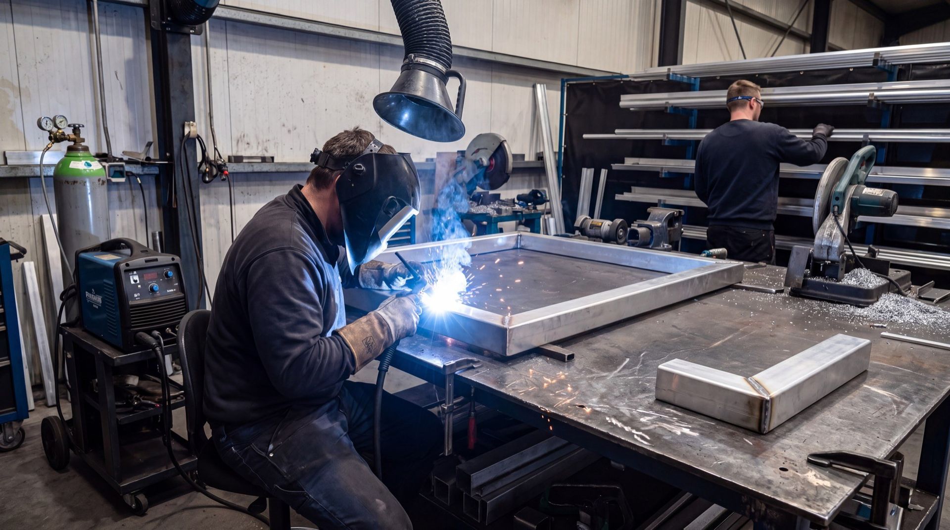 A welder joining an aluminum cabana frame corner in our fabrication shop