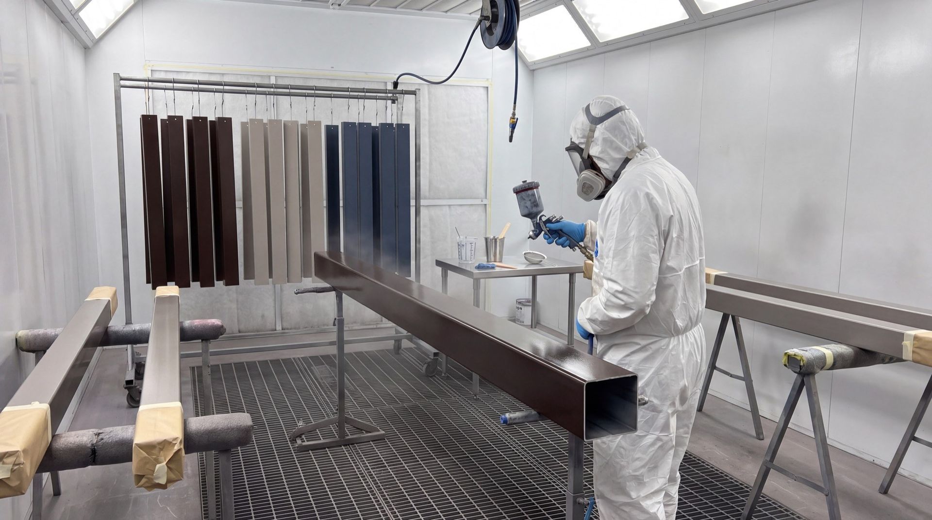 A cabana frame member being sprayed in our paint booth beside the color samples