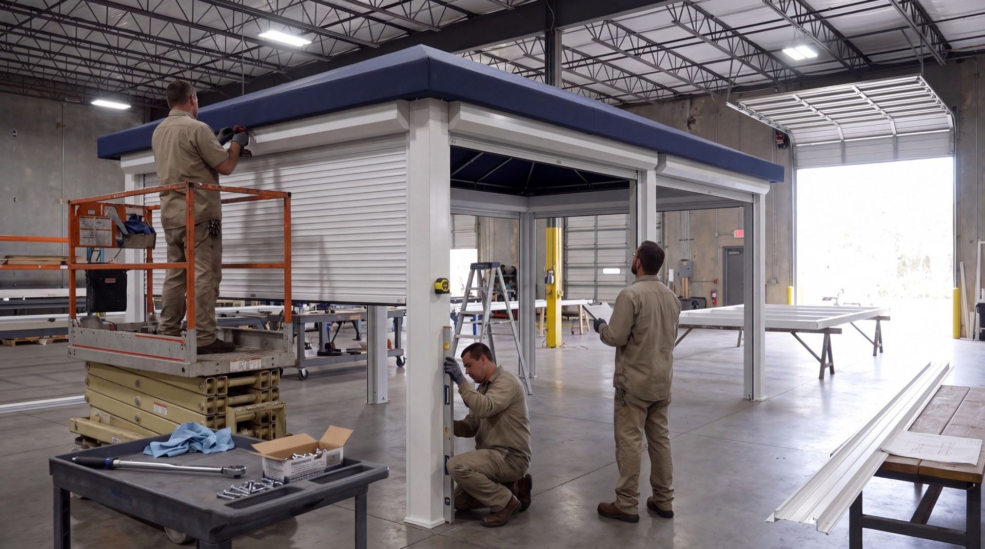 Our crew fitting a roll shutter to a finished cabana on the shop floor