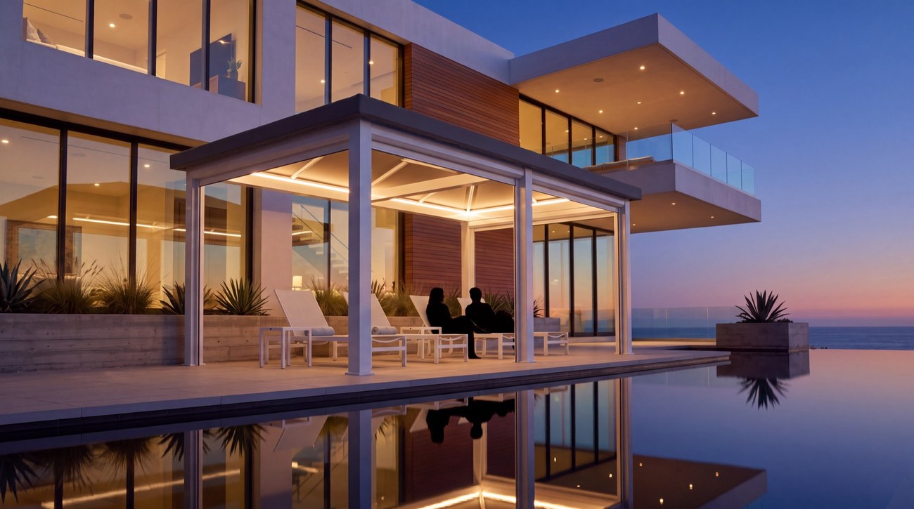 A white cabana beside a lit infinity pool at dusk