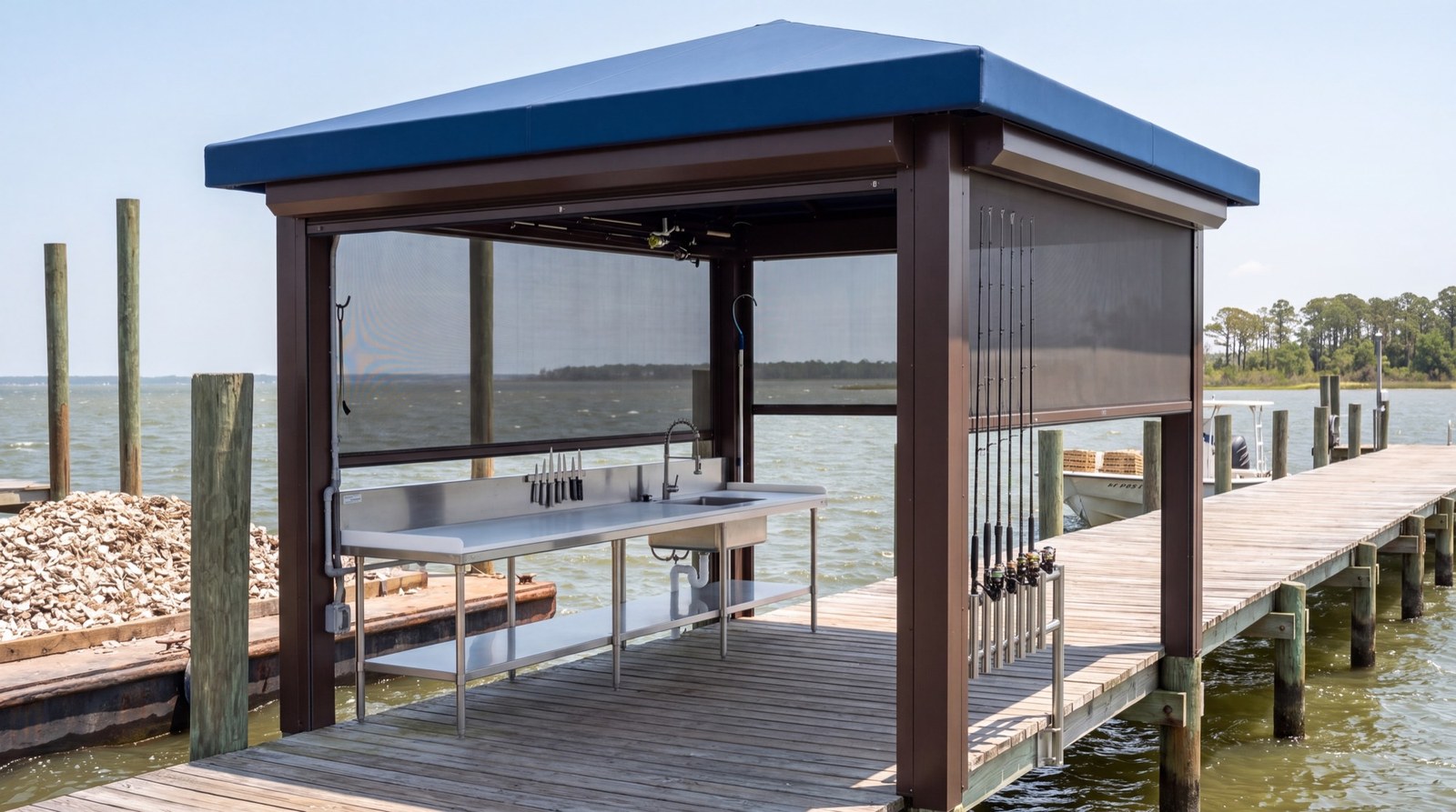 A dock station Haven over a bay with a cleaning table