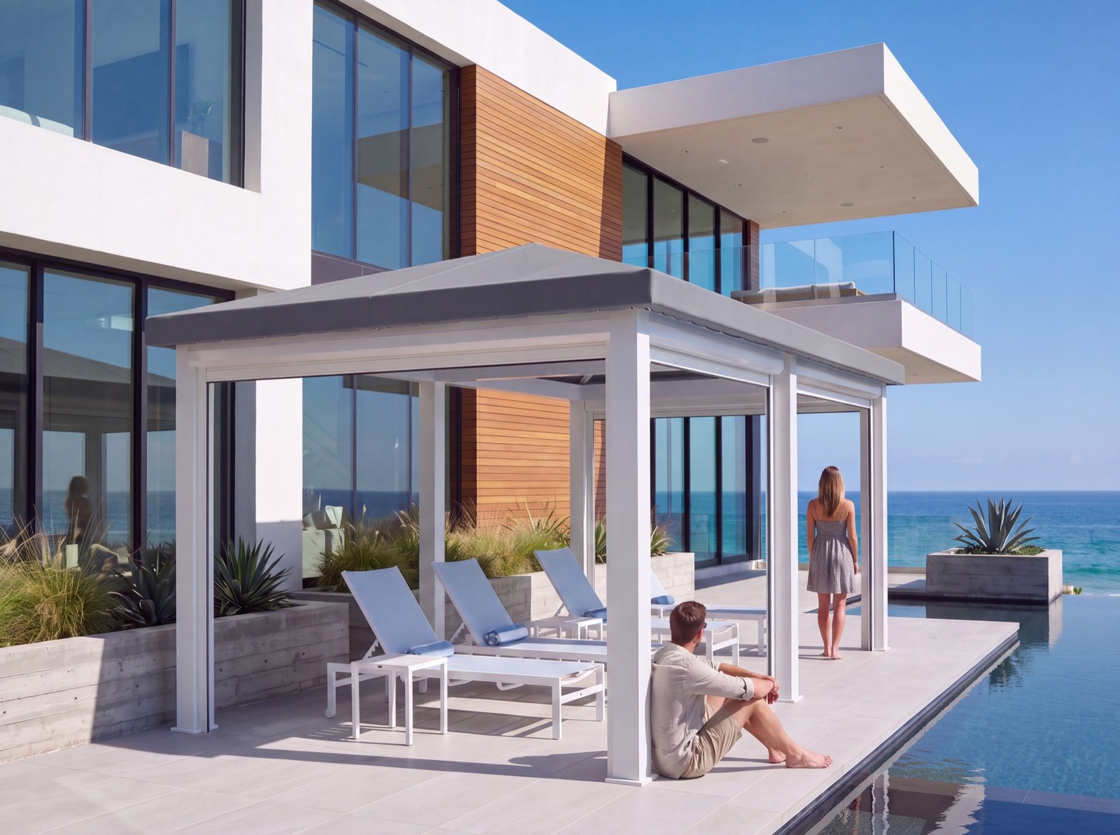 A cabana beside an infinity pool at a modern coastal home