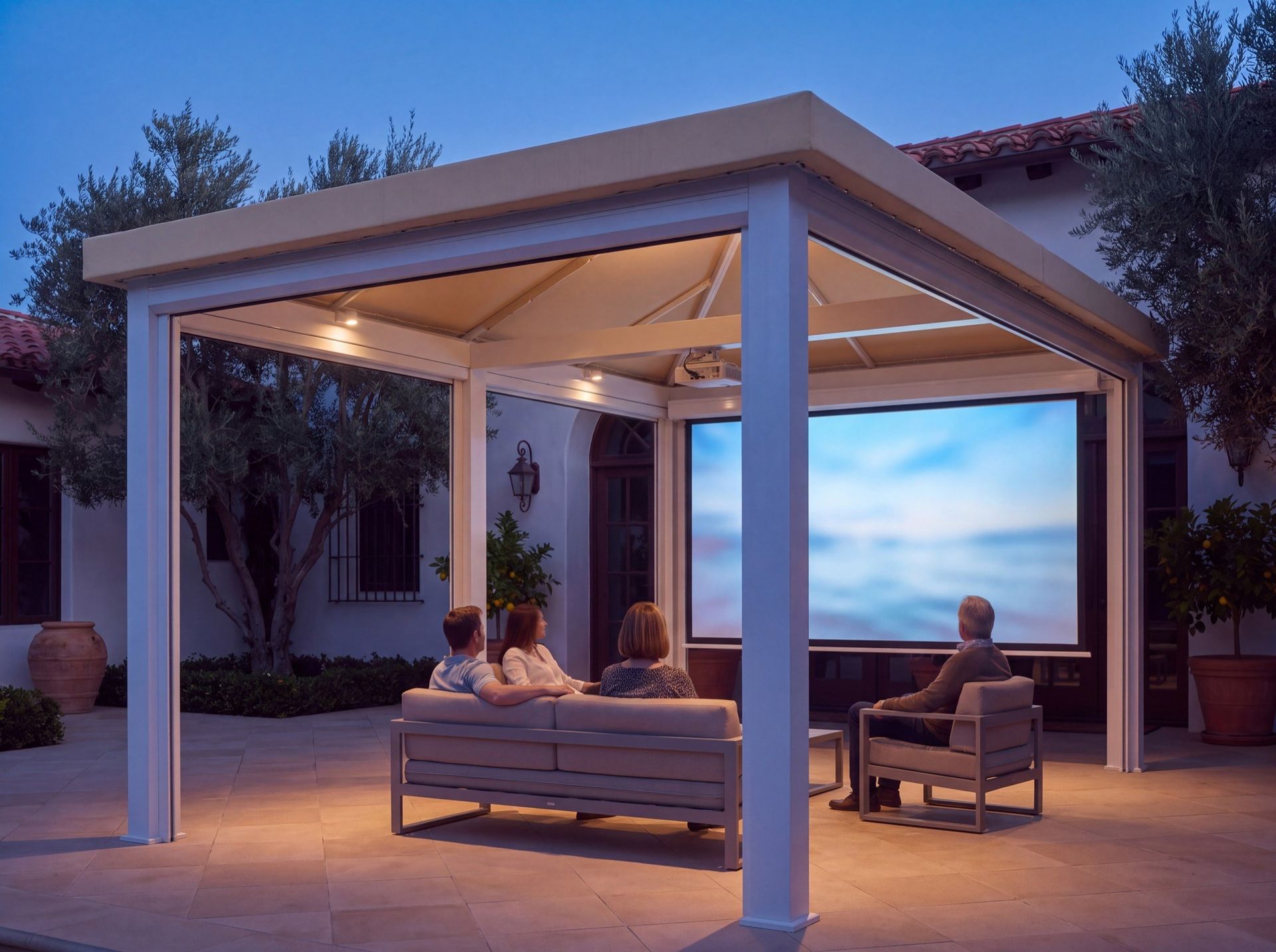 A projector screen set into a cabana frame above outdoor seating