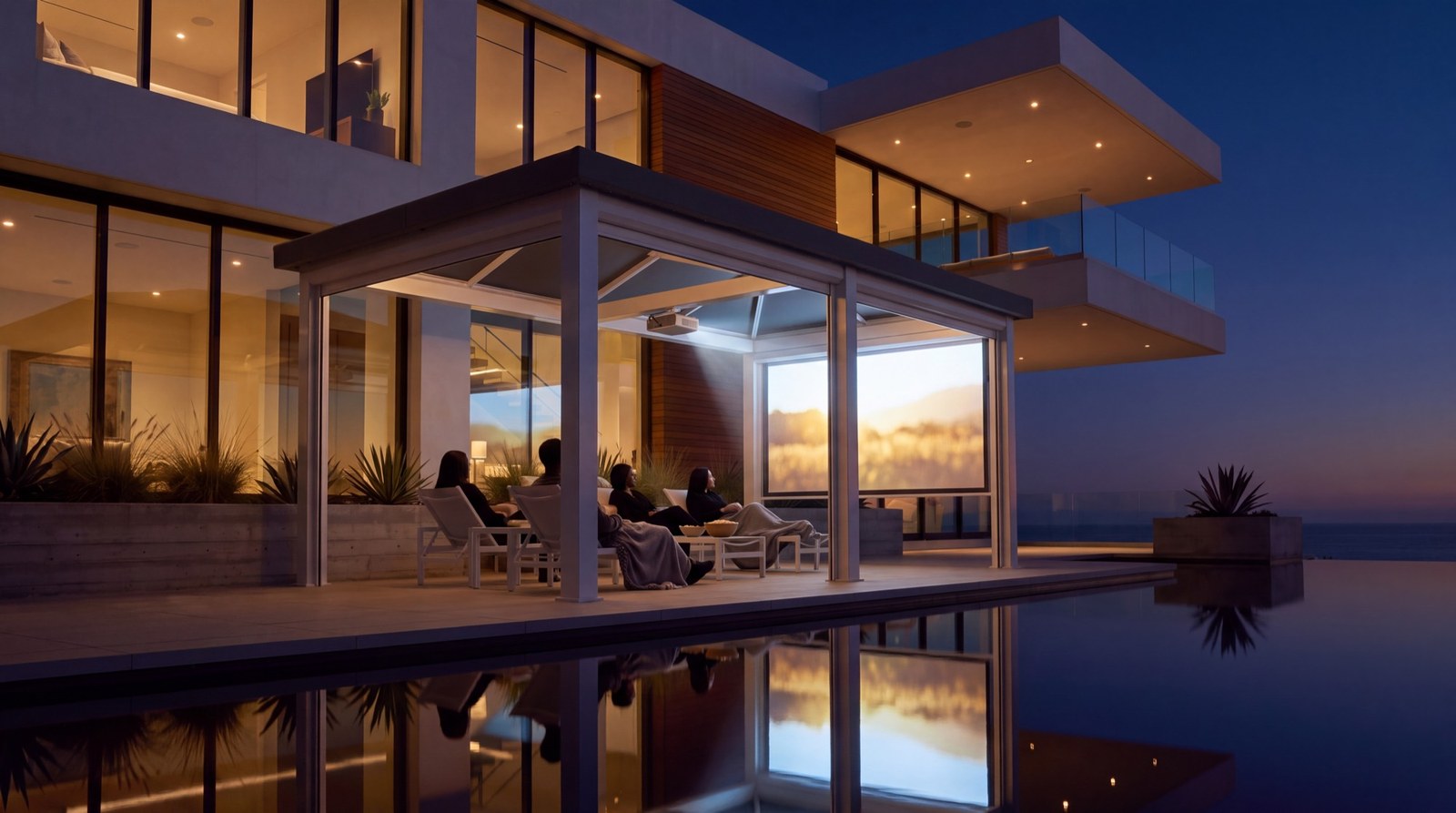 A Haven lit beside a modern pool in the evening