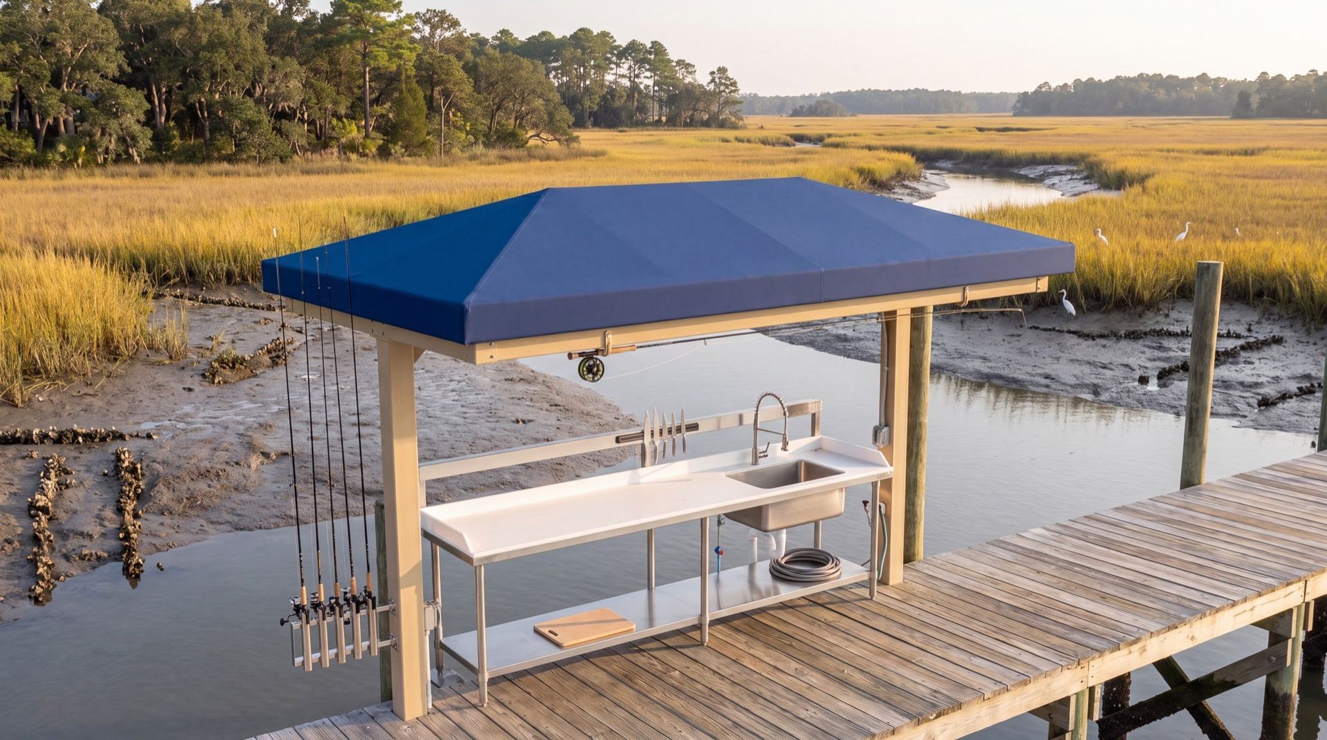 A blue topped dock station cabana with a cleaning table over salt marsh