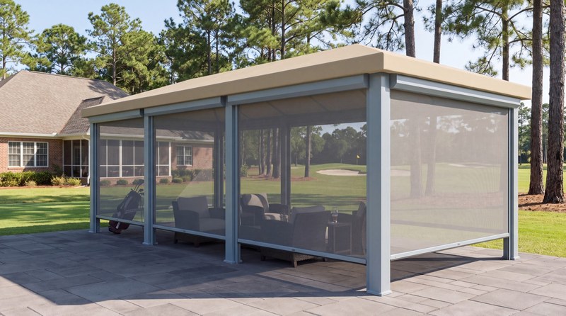 A screened cabana with lounge seating overlooking a fairway
