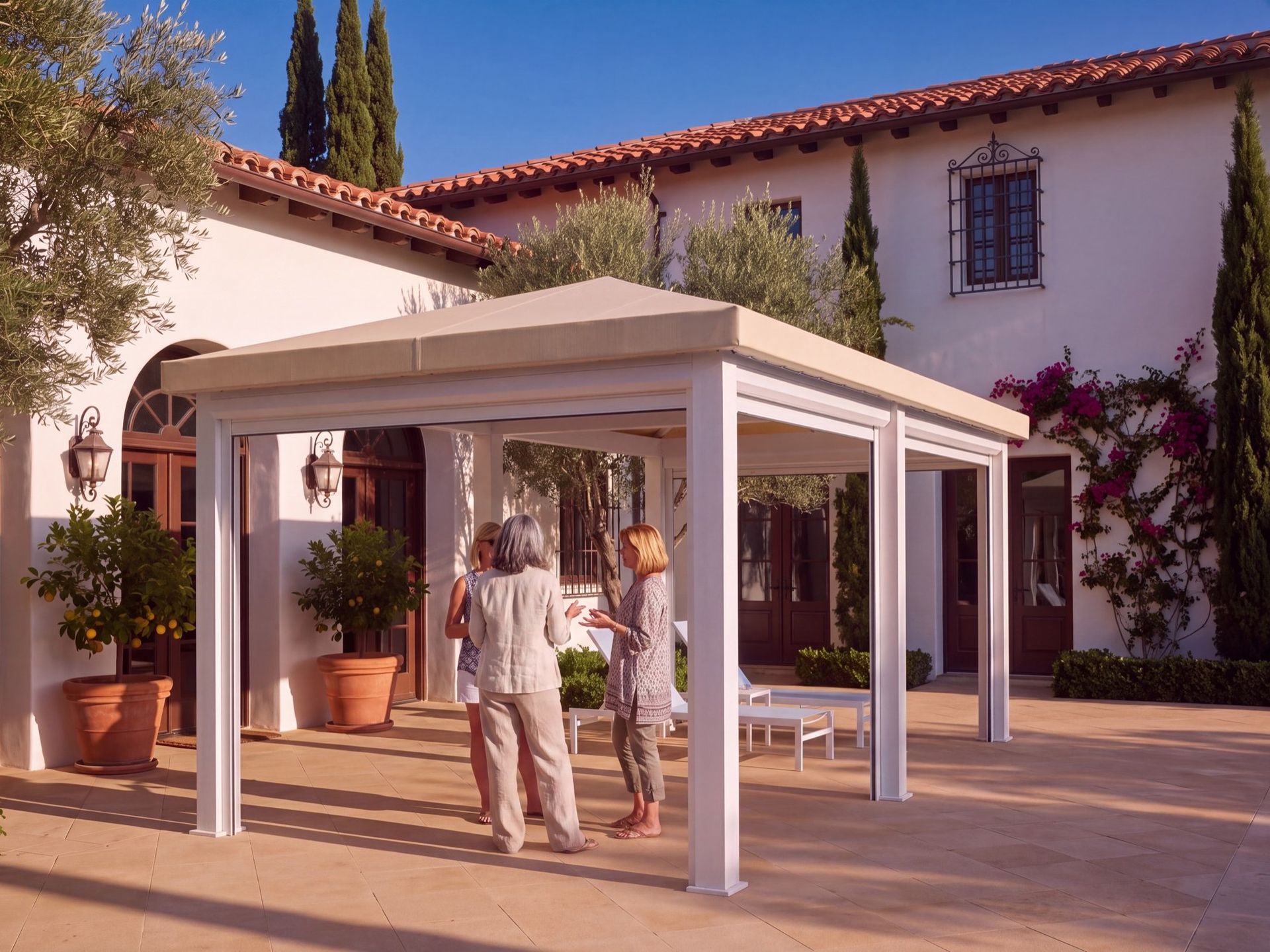 A couple stepping out onto a terracotta patio under a cabana at a Spanish tile home