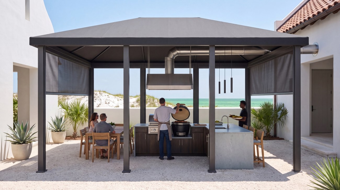 A coastal outdoor kitchen and dining room beneath a gray canvas Haven