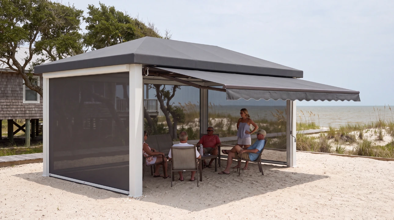 Family under a gray beach cabana with a drop screen and a matching retractable awning
