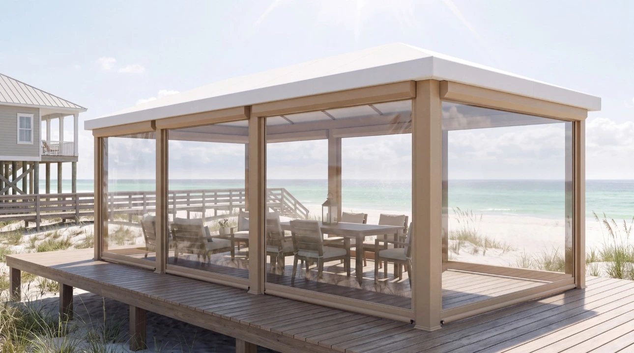 A cabana over a long dining table on a deck above the dunes