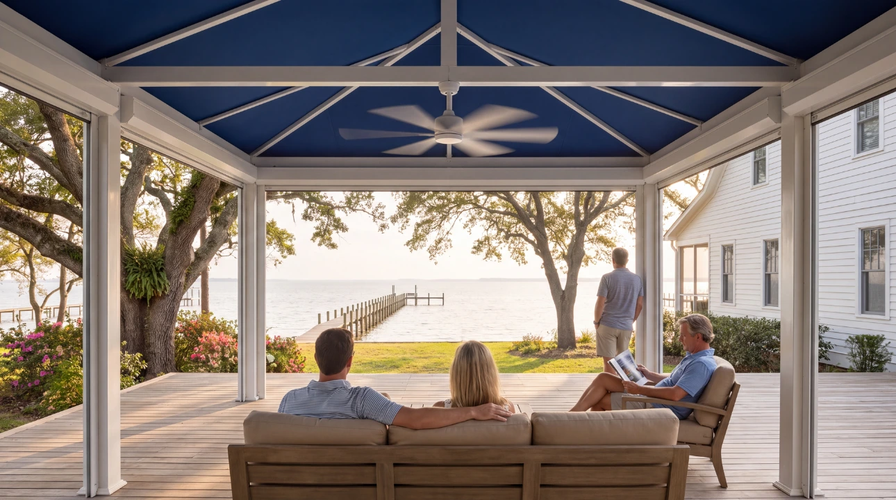 Family on a sofa under a cabana with a navy canvas ceiling looking out over the bay
