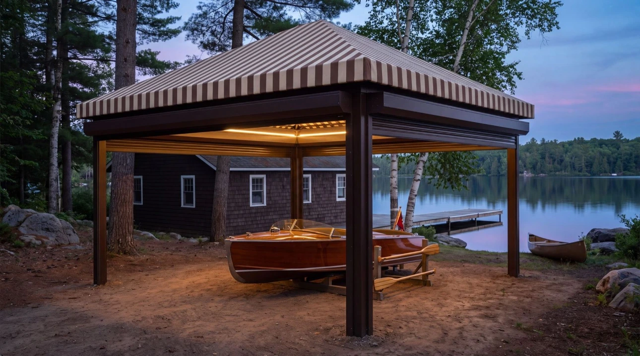 A lakeside cabana lit at dusk sheltering a wooden boat