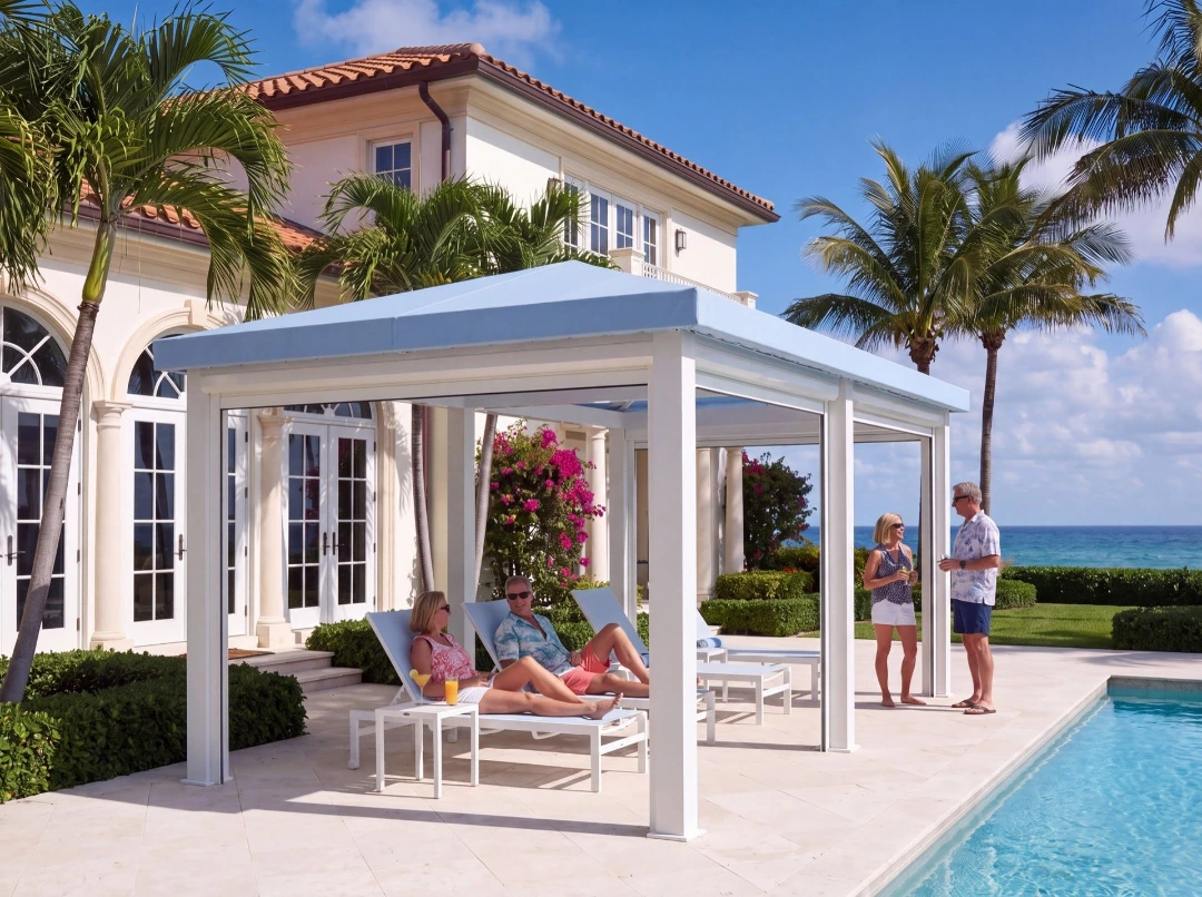 A white cabana with a blue canvas top beside the pool of an oceanfront home