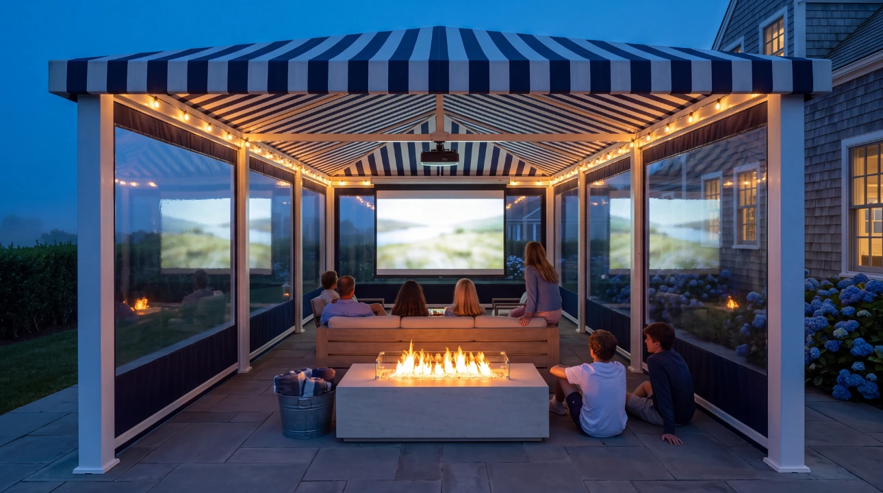 Family movie night by a fire table under a navy and white striped cabana with clear curtains
