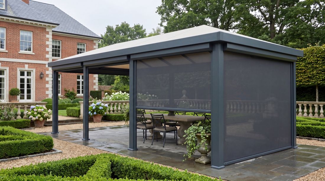A cabana with its screens lowered in a walled garden