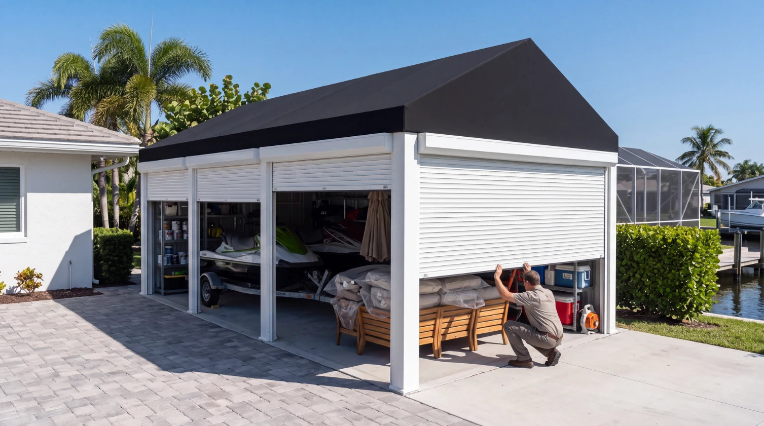 A closable cabana with roll shutters down around stored equipment