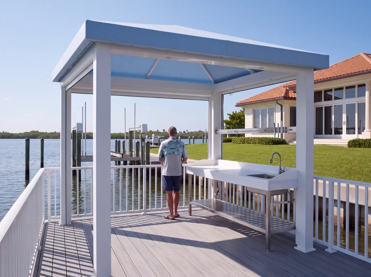 A dock station cabana with a cleaning table and rod storage over the water