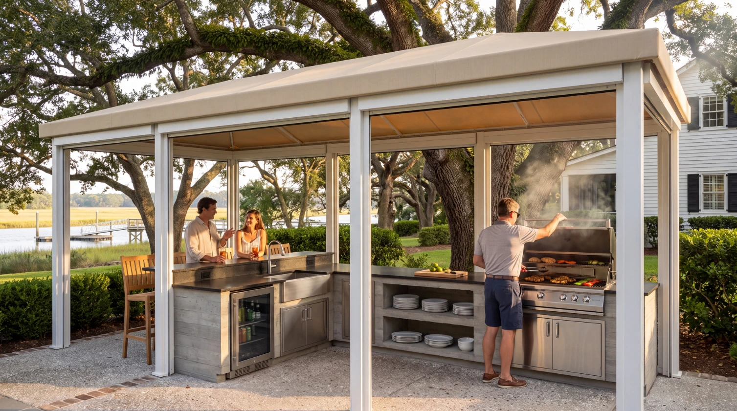 A covered outdoor kitchen and dining room beneath a canvas Haven at dusk