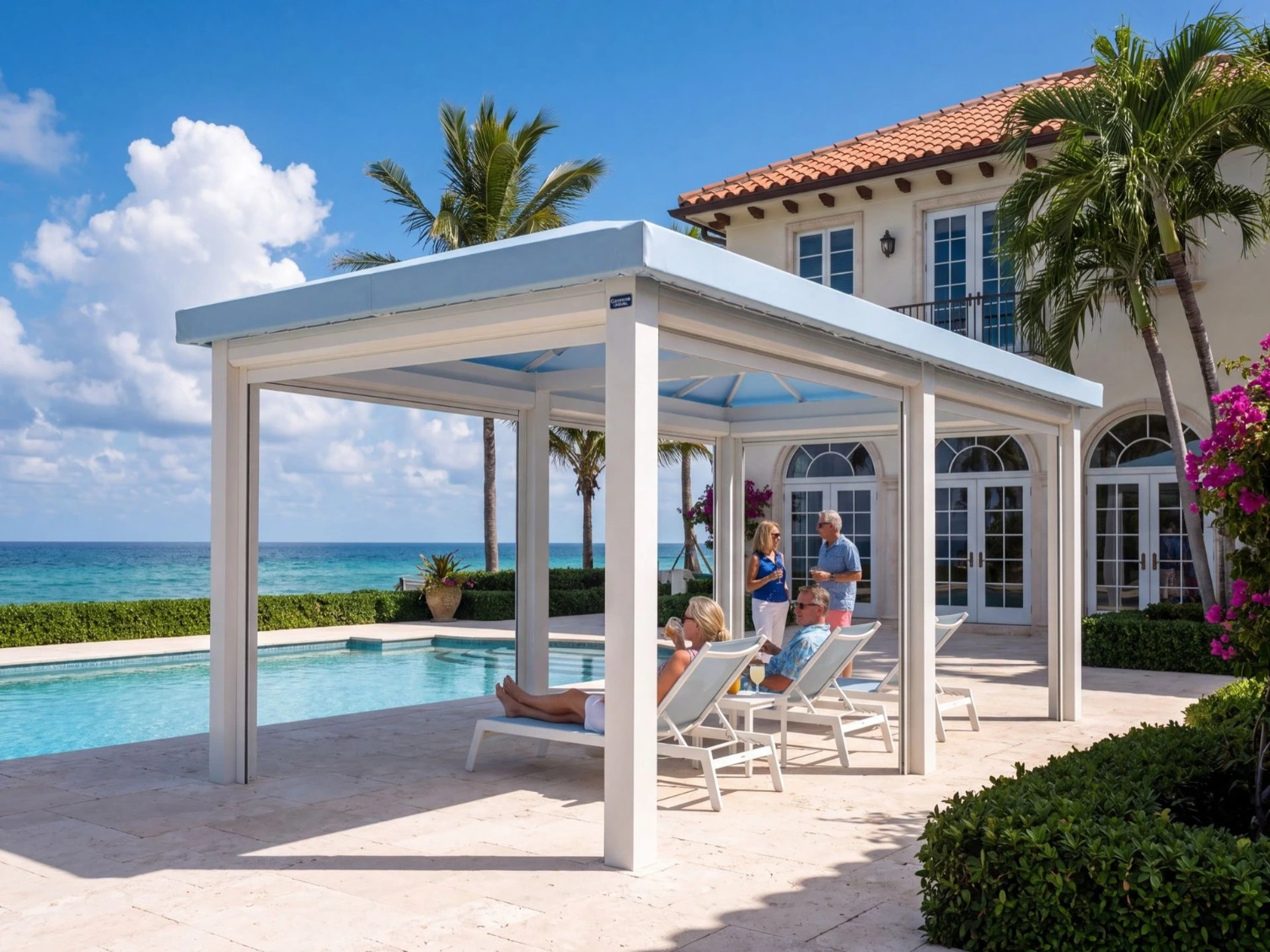 A family beside the pool of an oceanfront home under a white cabana