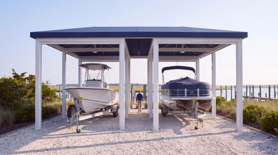 Two boats parked under an open-air Haven beside the water with all of its sides open