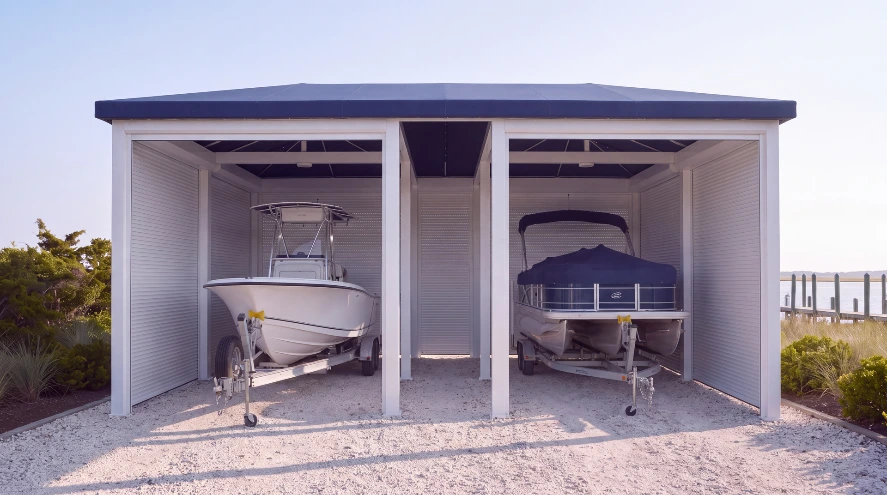 The same Haven with its roll shutters lowered to close the sides around the boats