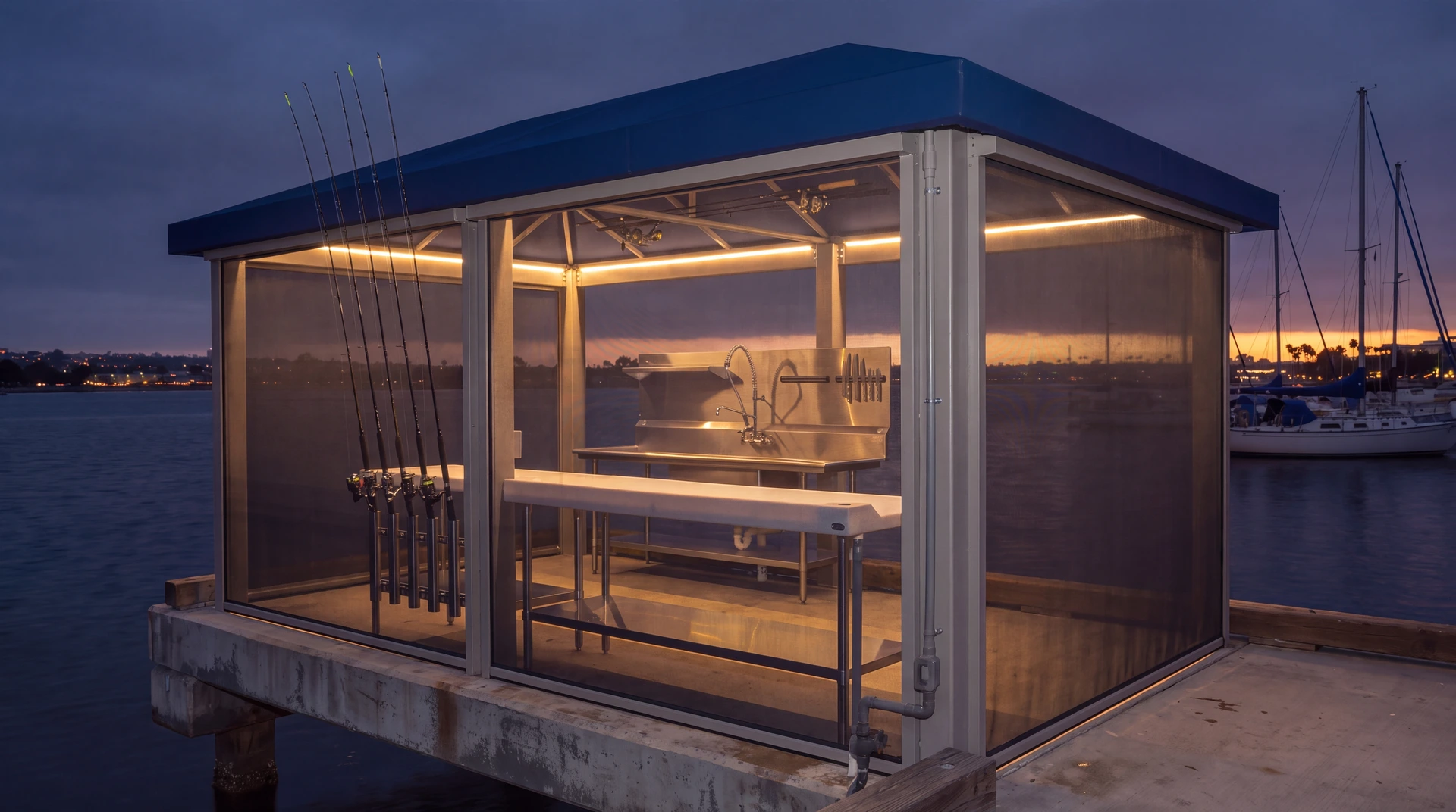 A screened dock cabana with a fish-cleaning station and rod holders lit at dusk