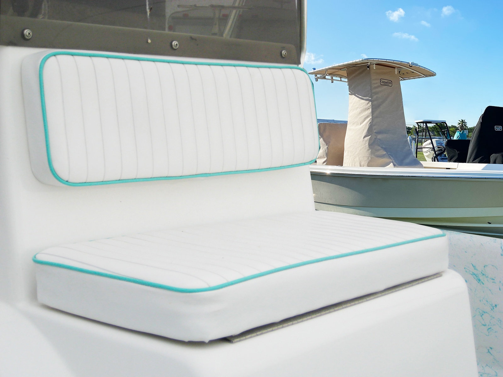 Fitted marine seating with pale blue piping