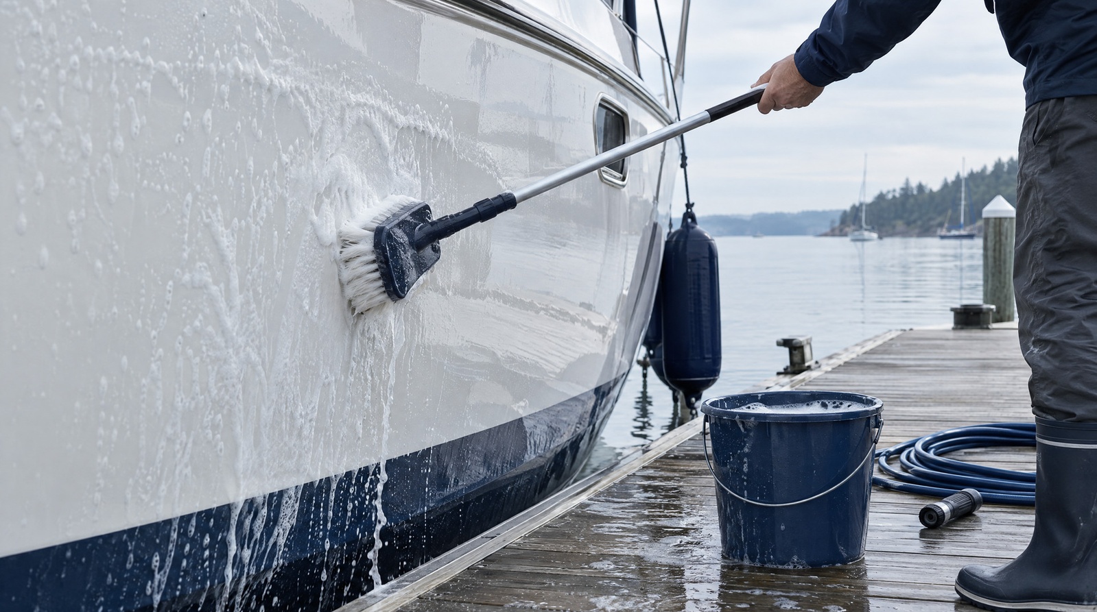 Boat hull cleaning in progress