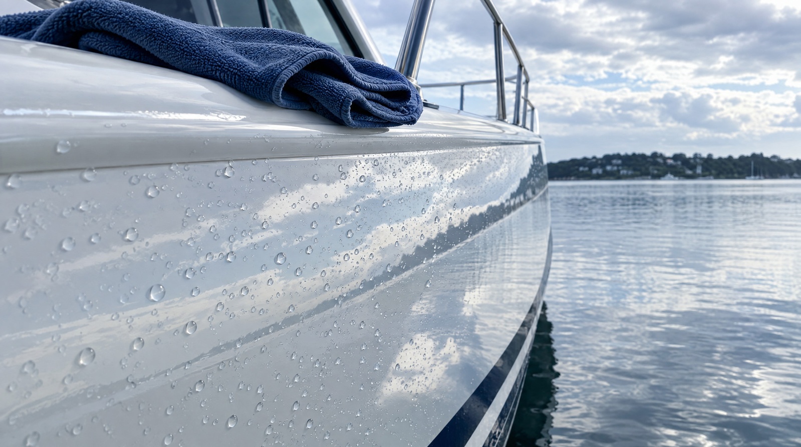 Water beading on a finished boat surface