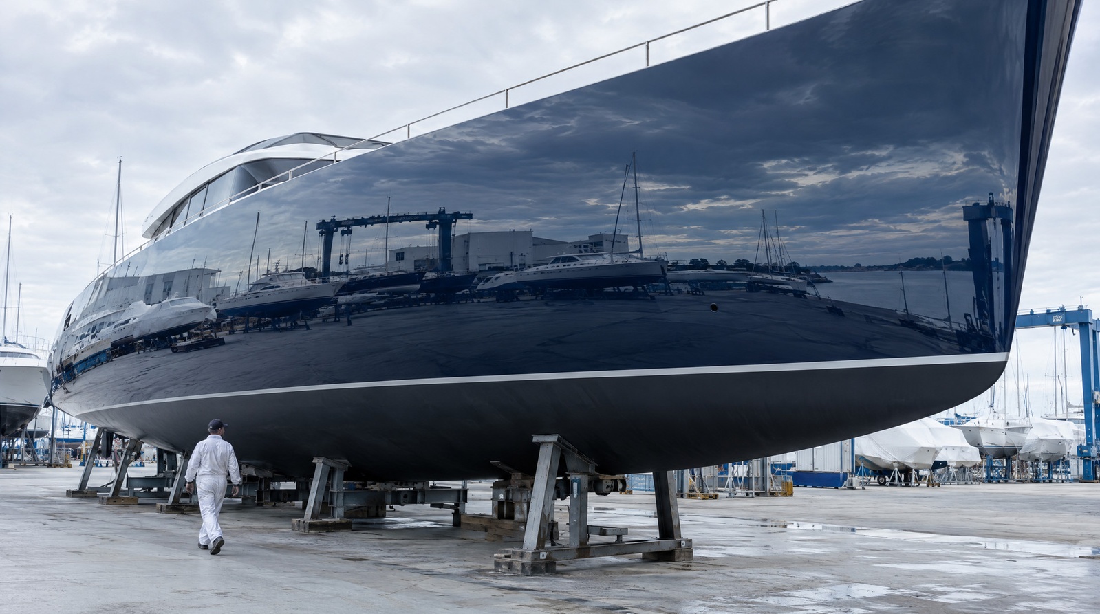 Finished boat hull in a boatyard