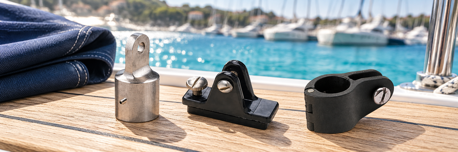 Boat top fittings arranged on a sunlit marine canvas workbench