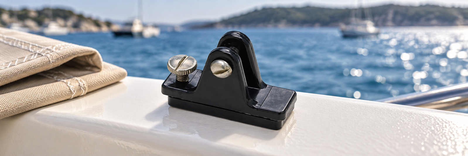 Nylon slide-lock deck hinge on a boat beside canvas and blue water