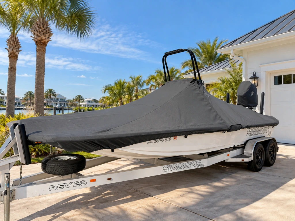 A Simmons boat under a fitted charcoal Canvas USA® full boat cover on its trailer in a driveway