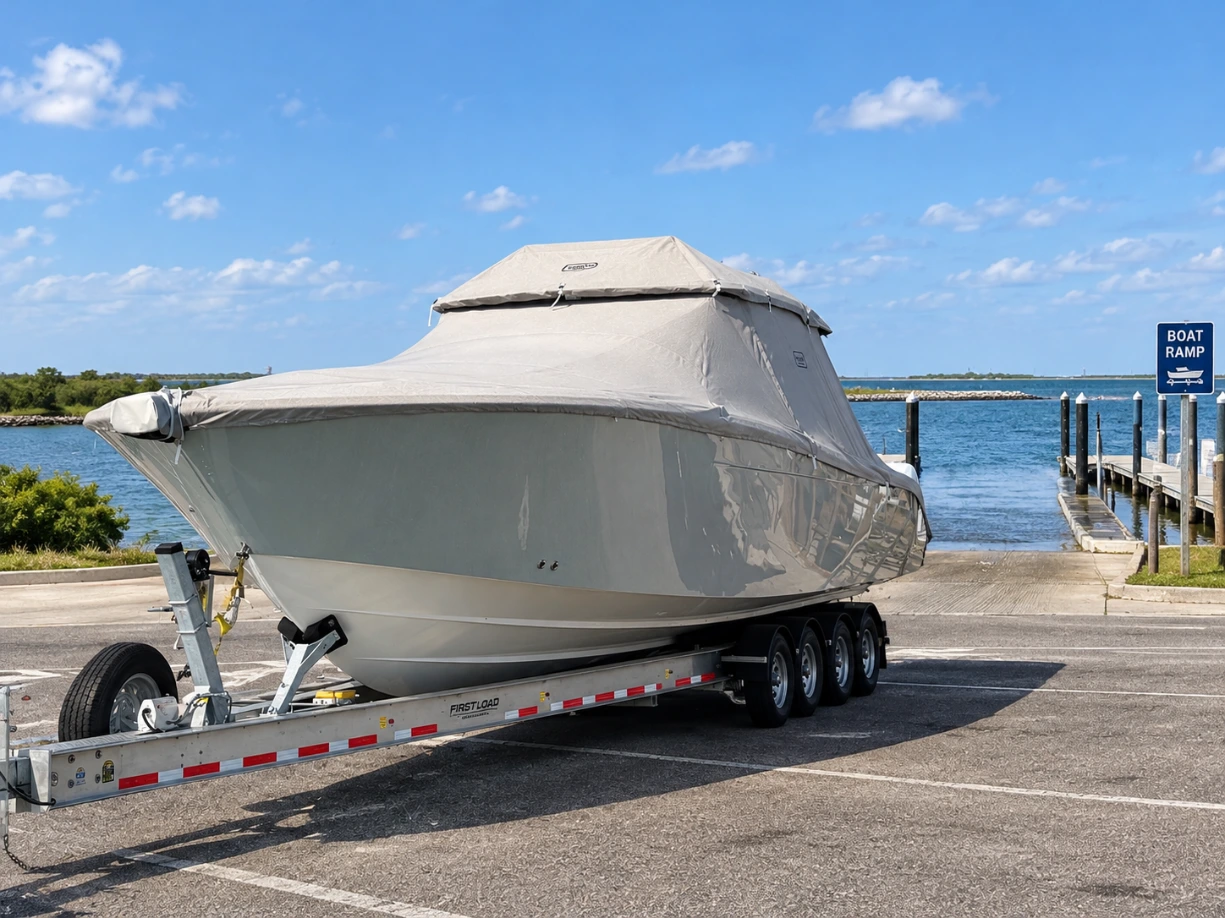 A Bertram 39 under a fitted gray Canvas USA® full boat cover on its trailer at a boat ramp