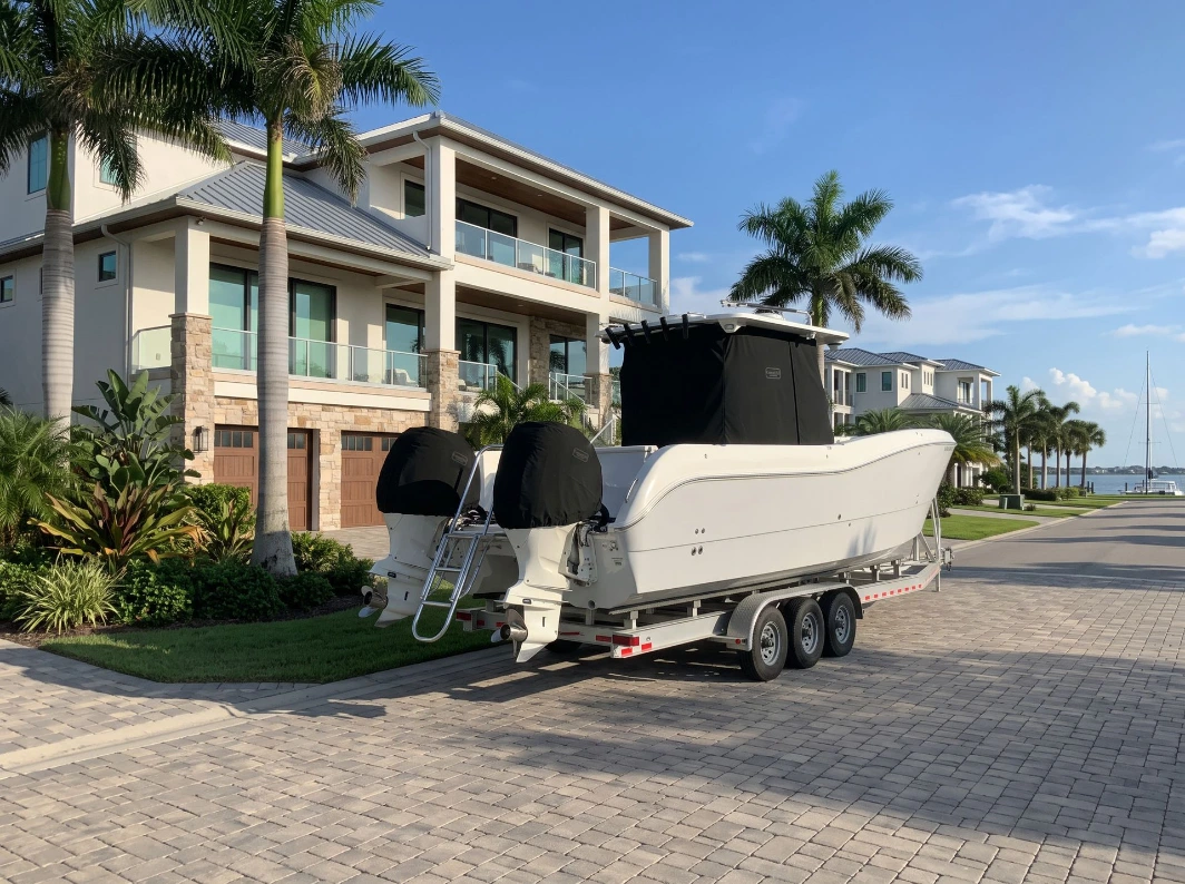 A World Cat on its trailer outside a waterfront home with fitted black Canvas USA® console and motor covers