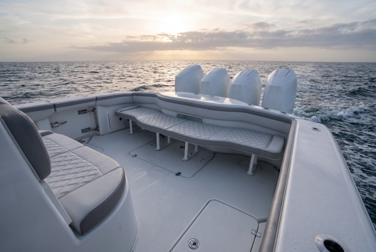 Gray quilted Canvas USA® cockpit cushions aboard a boat at sunset