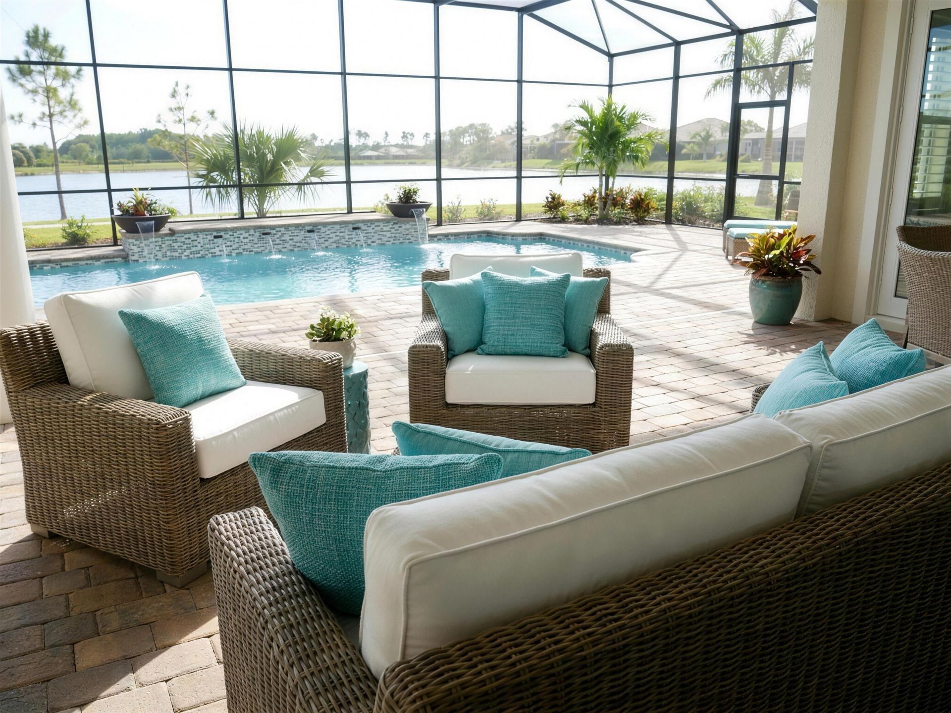 White patio cushions with aqua pillows on a pool lanai