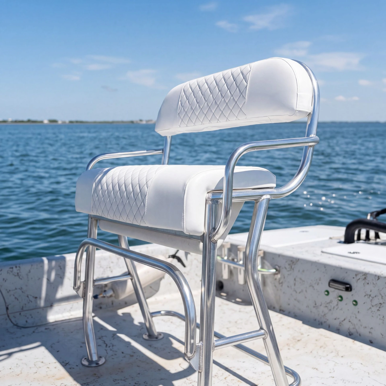 White Canvas USA® helm seat and backrest cushions on open water