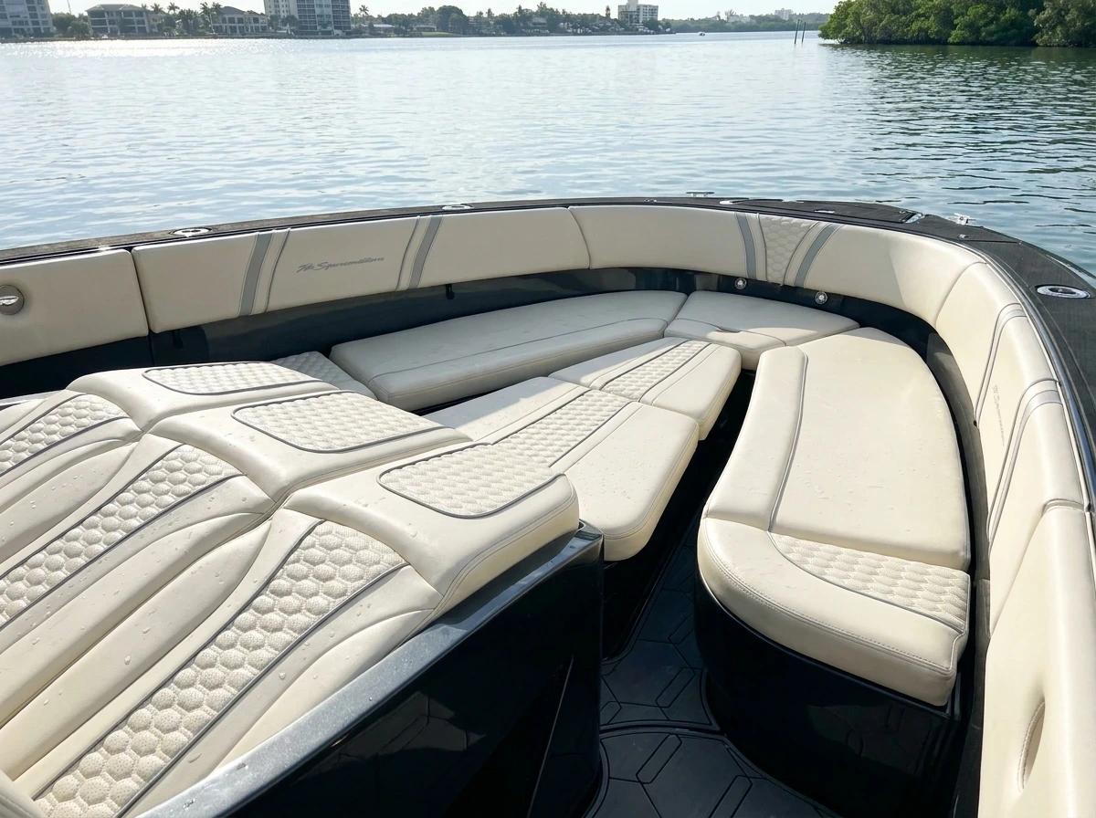 Cream Canvas USA® bow lounge cushions on a boat on the water