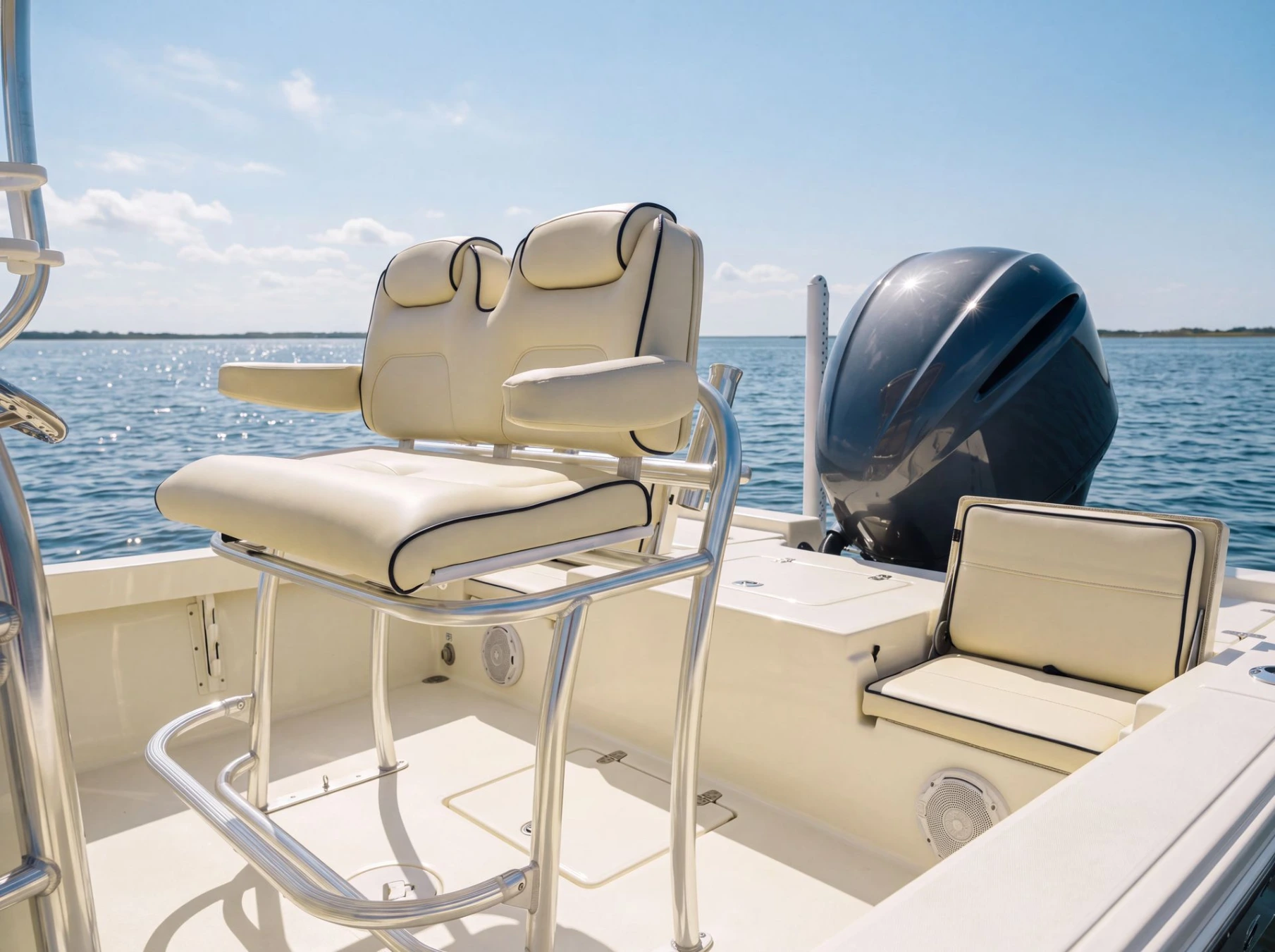Cream Canvas USA® leaning post cushions on a bay boat